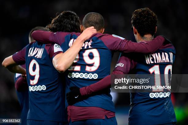 Paris Saint-Germain's Uruguayan forward Edinson Cavani, Paris Saint-Germain's French forward Kylian Mbappe and Paris Saint-Germain's Brazilian...