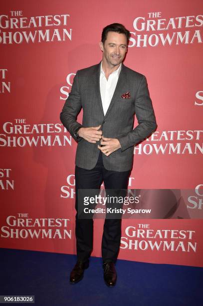 Actor Hugh Jackman attends the "The Greatest Showman" Paris premiere at Gaumont Capucines on January 17, 2018 in Paris, France.
