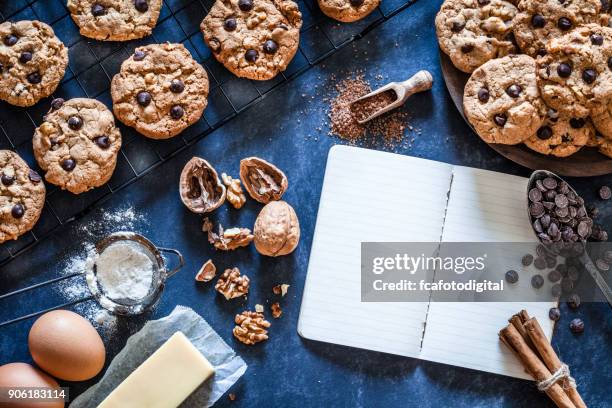 homemade chocolate chips cookies and blank cookbook - cookie jar stock pictures, royalty-free photos & images