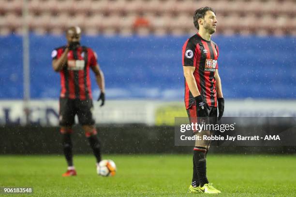 Harry Arter of Bournemouth reacts after conceding during The Emirates FA Cup Third Round Replay between Wigan Athletic v AFC Bournemouth at DW...