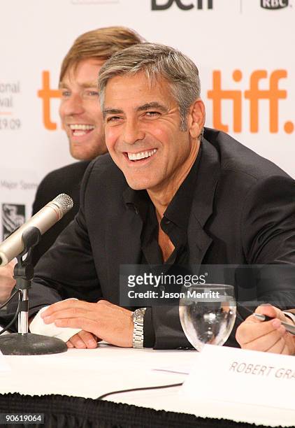Actors Ewan McGregor and George Clooney speak onstage at the 'Men Who Stare At Goats' press conference held at the Sutton Place Hotel on September...