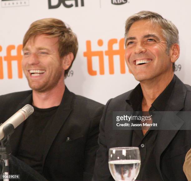 Actors Ewan McGregor and George Clooney speak onstage at the 'Men Who Stare At Goats' press conference held at the Sutton Place Hotel on September...