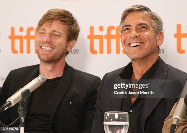 Actors Ewan McGregor and George Clooney speak onstage at the 'Men Who Stare At Goats' press conference held at the Sutton Place Hotel on September...