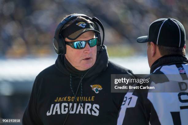 Head coach Doug Marrone of the Jacksonville Jaguars challenges a ruling during the first half against the Pittsburgh Steelers AFC Divisional Playoff...