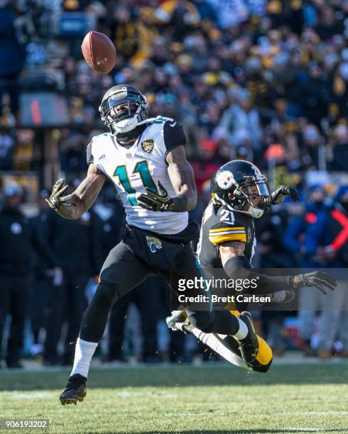 Joe Haden of the Pittsburgh Steelers breaks up a pass intended for Marqise Lee of the Jacksonville Jaguars during the second quarter of the AFC...
