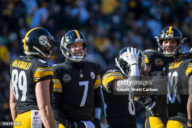 Ben Roethlisberger of the Pittsburgh Steelers stands in the huddle during the second quarter against the Jacksonville Jaguars in the AFC Divisional...