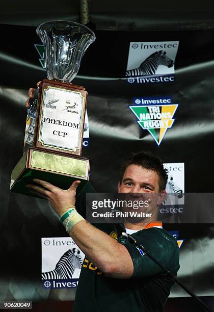 John Smit of South Africa holds up the Freedom Cup following the Tri Nations Test between the New Zealand All Blacks and South African Springboks at...