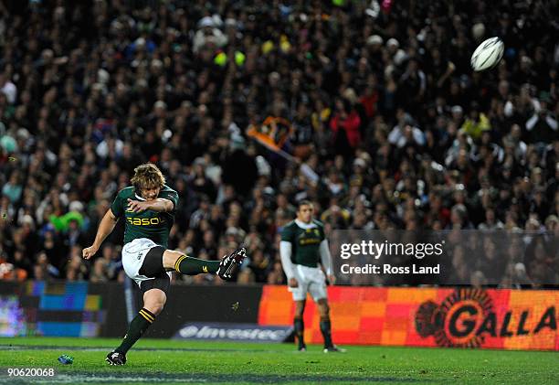 Frans Steyn of South Africa kicks a 60 metre penalty during the Tri Nations Test between the New Zealand All Blacks and South African Springboks at...