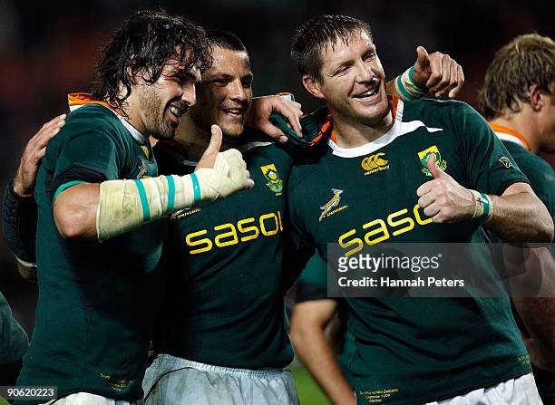 Victor Matfield Pierre Spies and Bakkies Botha of South Africa pose after winning the Tri Nations Test Match between the New Zealand All Blacks and...