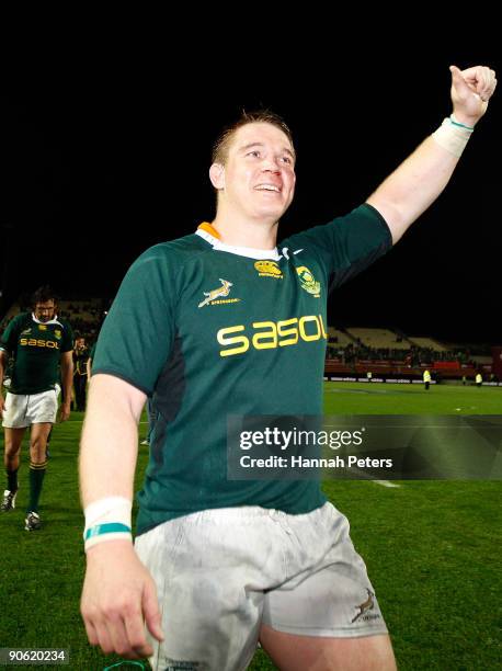 John Smit of South Africa thanks the crowd after winning the Tri Nations Test Match between the New Zealand All Blacks and South African Springboks...