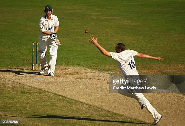 Alex Hales of Nottinghamshire looks on, as Steve Harmison of Durham drops his shot during the final day of the LV County Championship Division One...