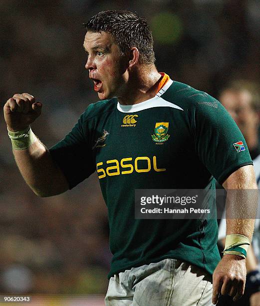 John Smit of South Africa gives instructions to his team during the Tri Nations Test Match between the New Zealand All Blacks and South African...