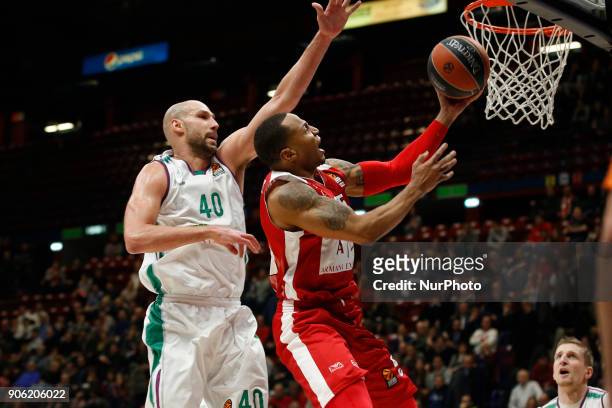 Curtis Jerrells shoots a layup during a game of Turkish Airlines EuroLeague basketball between AX Armani Exchange Milan vs Unicaja Malaga at...