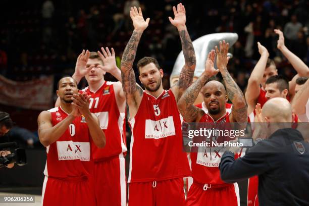 Vladimir Micov , Andrew Goudelock , Jordan Theodore during a game of Turkish Airlines EuroLeague basketball between AX Armani Exchange Milan vs...