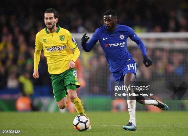 Tiemoue Bakayoko of Chelsea and Mario Vrancic of Norwich City in action during The Emirates FA Cup Third Round Replay between Chelsea and Norwich...