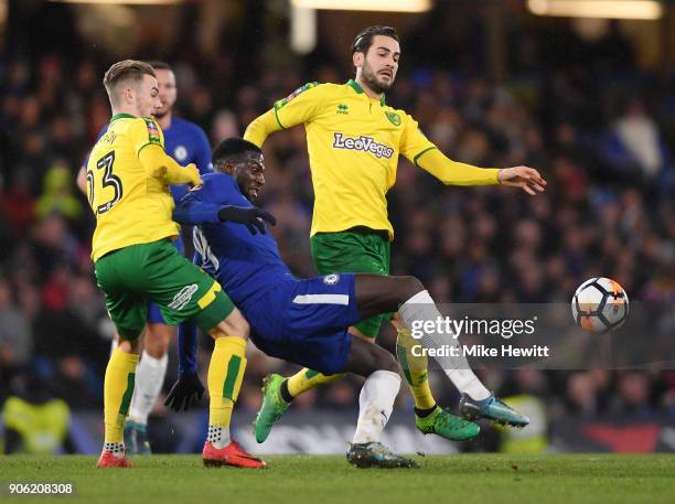 Tiemoue Bakayoko of Chelsea is closed down by James Maddison and Mario Vrancic of Norwich City during The Emirates FA Cup Third Round Replay between...