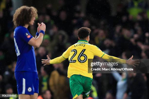 David Luiz of Chelsea looks dejected as Jamal Lewis of Norwich celebrates after scoring their 1st goal during The Emirates FA Cup Third Round Replay...