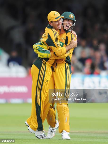 Tim Paine of Australia celebrates the stumping of Eoin Morgan of England with Ricky Ponting during the 4th NatWest One Day International between...