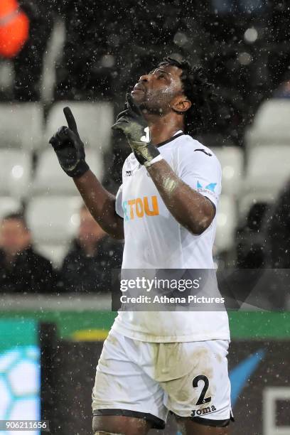 Wilfried Bony of Swansea City celebrates his goal during the Emirates FA Cup match between Swansea and Wolverhampton Wanderers at the Liberty Stadium...