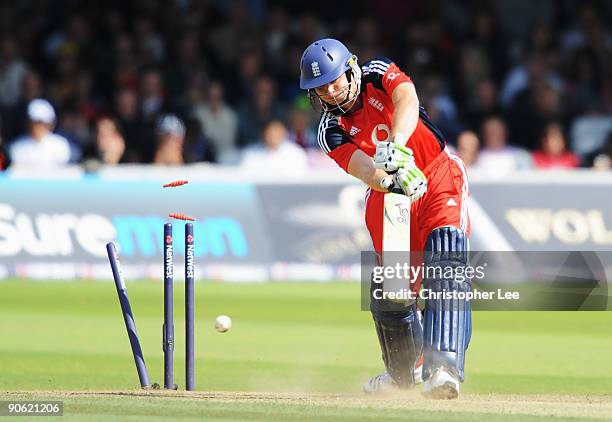 Luke Wright of England is bowled by Brett Lee of Australia during the 4th NatWest One Day International between England and Australia at Lord's on...