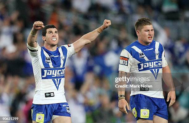 Michael Ennis of the Bulldogs celebrates after winning the third NRL qualifying final match between the Bulldogs and the Newcastle Knights at ANZ...