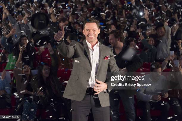 Actor Hugh Jackman attends the "The Greatest Showman" Paris premiere at Gaumont Capucines on January 17, 2018 in Paris, France.