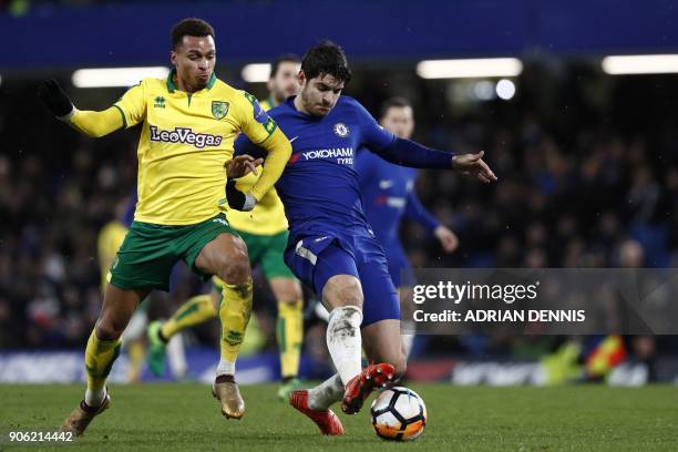 Chelsea's Spanish striker Alvaro Morata vies with Norwich City's English midfielder Josh Murphy during the FA Cup third round replay football match...