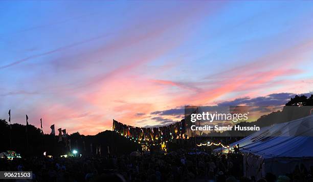 General view of the festival at sunset on day 1 of Bestival, September 11, 2009 on the Isle of Wight, United Kingdom.