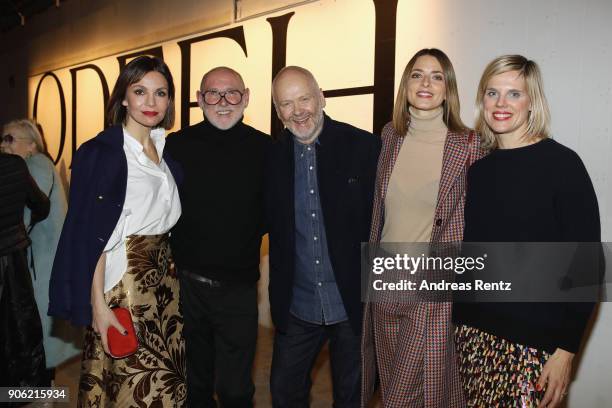 Nadine Warmuth, Otto Droegsler, Joerg Ehrlich and Eva Padberg attend the Odeeh Defile during 'Der Berliner Salon' AW 18/19 on January 17, 2018 in...