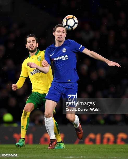 Andreas Christensen of Chelsea and Nelson Oliveira of Norwich City during The Emirates FA Cup Third Round Replay between Chelsea and Norwich City at...