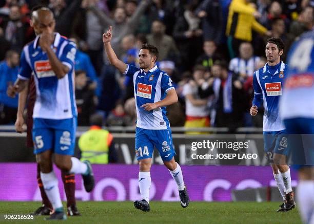 Espanyol's midfielder Oscar Melendo celebrates a goal during the Spanish 'Copa del Rey' quarter-final first leg football match between RCD Espanyol...