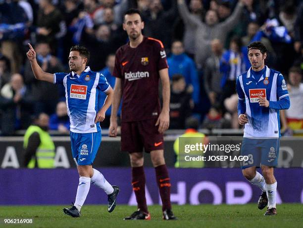 Espanyol's midfielder Oscar Melendo celebrates a goal during the Spanish 'Copa del Rey' quarter-final first leg football match between RCD Espanyol...