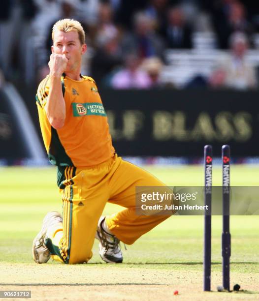 Brett Lee of Australia celebrates the wicket of Stuart Broad of England during the 4th NatWest One Day International between England and Australia at...