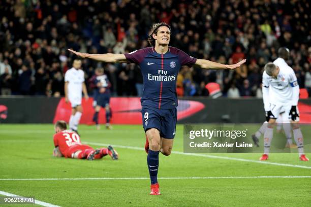 Edinson Cavani of Paris Saint-Germain celebrate his goal during the Ligue 1 match between Paris Saint-Germain and Dijon FCO at Parc des Princes on...