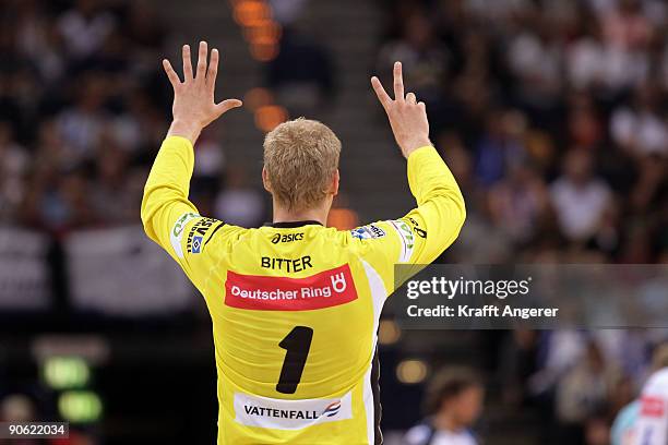 Johannes Bitter of Hamburg reacts during the Bundesliga Handball match between HSV Hamburg and MT Melsungen at the Colorline Arena on September 12,...