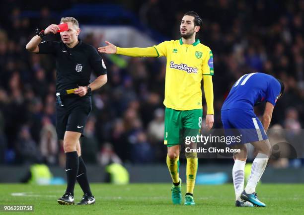 Pedro of Chelsea is shown a red card during The Emirates FA Cup Third Round Replay between Chelsea and Norwich City at Stamford Bridge on January 17,...