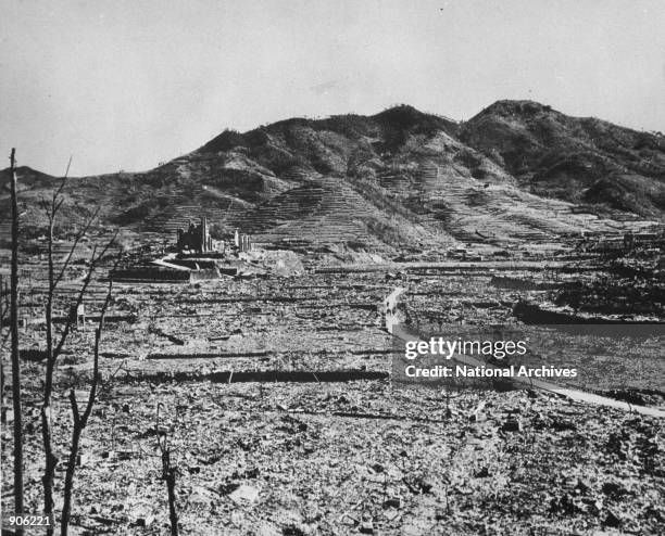 Roman Catholic cathedral stands in Nagasaki, Japan after an atomic bomb was dropped August 8, 1945.