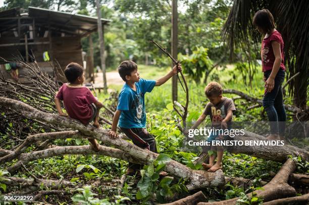 Children of the indigenous community of Palma Real, belonging to the Ese Ejja etnia, play before traveling to Puerto Maldonado for the visit of Pope...