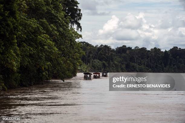 Members of the Palma Real indigenous community, belonging to the Ese Ejja etnia, travel to Puerto Maldonado for the visit of Pope Francis, on January...