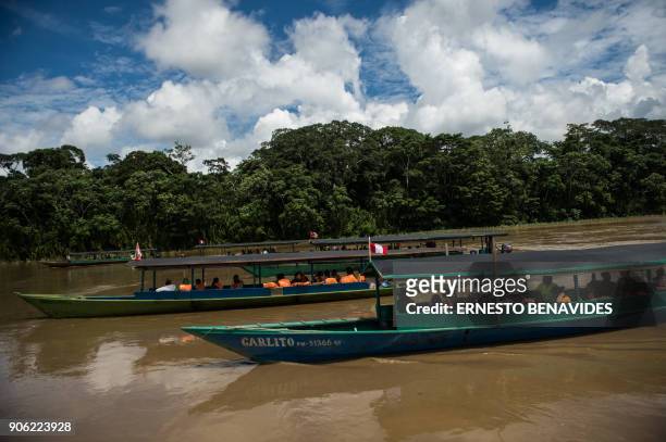 Members of the Palma Real indigenous community, belonging to the Ese Ejja etnia, travel to Puerto Maldonado for the visit of Pope Francis, on January...