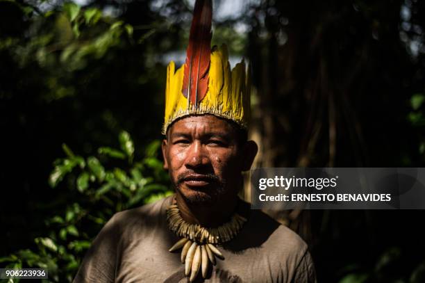 Member of the indigenous community of Palma Real, belonging to the Ese Ejja etnia, gets ready to travel to Puerto Maldonado for the visit of Pope...