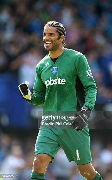 David James of Portsmouth celabrates after his side scored during the Barclays Premier League match between Portsmouth and Bolton Wanderers at...