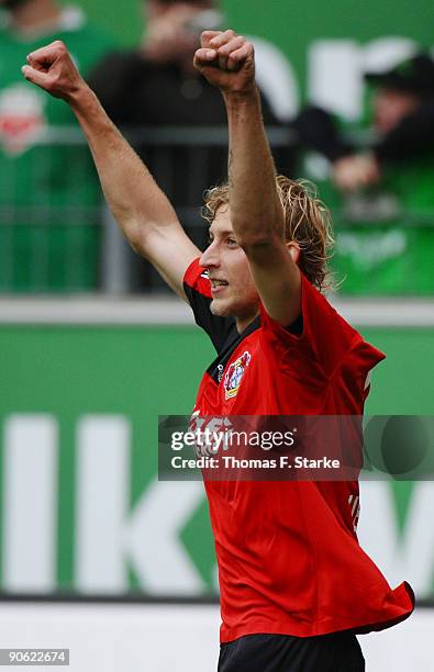 Stefan Kiessling of Leverkusen celebrates after scoring his team's third goal during the Bundesliga match between VfL Wolfsburg and Bayer Leverkusen...