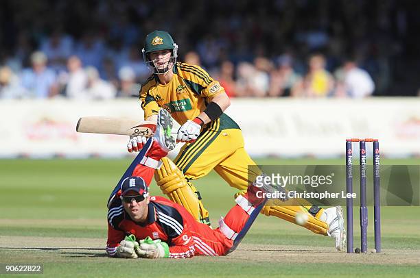 Tim Paine of Australia hits out past Matt Prior of England during the 4th NatWest One Day International between England and Australia at Lord's on...