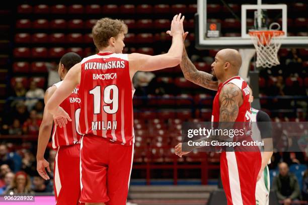 Mindaugas Kuzminskas and Jordan Theodore, #25 of AX Armani Exchange Olimpia Milan during the 2017/2018 Turkish Airlines EuroLeague Regular Season...