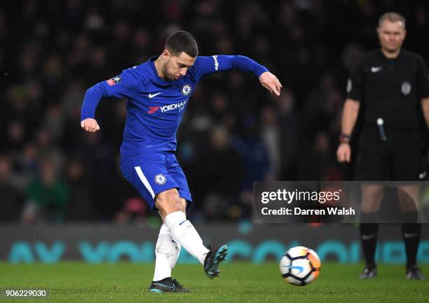 Eden Hazard of Chelsea takes and scores the winning penalty during The Emirates FA Cup Third Round Replay between Chelsea and Norwich City at...