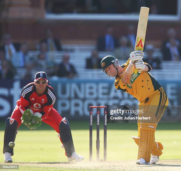 Michael Clarke of Australia hits out watched by Matt Prior of England during the 4th NatWest One Day International between England and Australia at...