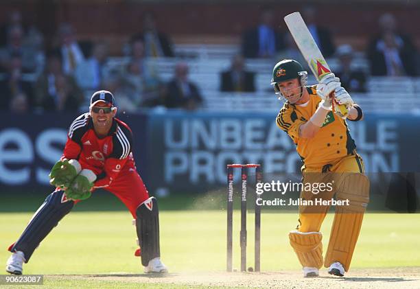 Michael Clarke of Australia hits out watched by Matt Prior of England during the 4th NatWest One Day International between England and Australia at...