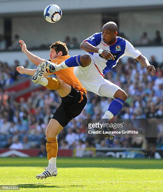 Matthew Jarvis of Wolves battles with El-Hadji Diouf of Blackburn Rovers during the Barclays Premier League match between Blackburn Rovers and...