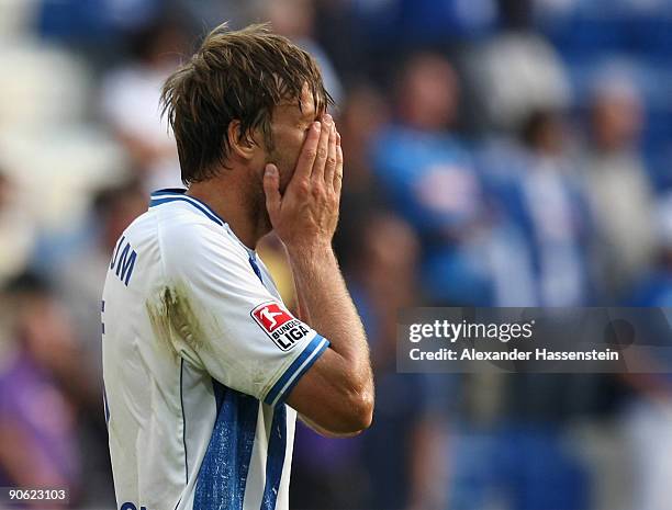 Christoph Dabrowski of Bochum reacts after the Bundesliga match between 1899 Hoffenheim and VfL Bochum at Rhein-Neckar Arena on September 12, 2009 in...